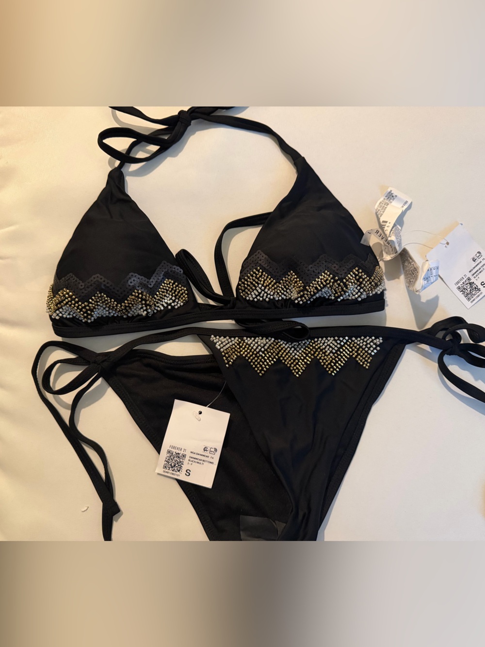 Forever 21 Black Solid Triangle Halter Bikini Set Beaded Gold/Silver S - NWT**